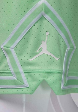 Green mesh athletic jersey featuring a white Jumpman logo and white striped accents near the hem. Textured fabric with perforations.