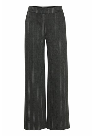 Wide-leg trousers in dark gray fabric, featuring vertical white pinstripes, a flat waistband, and a smooth texture.