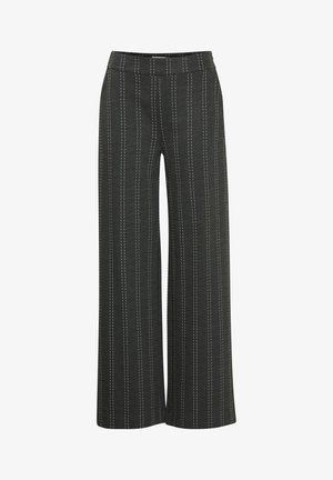 Pantalons larges en tissu gris foncé, présentant des rayures verticales blanches, une taille plate et une texture lisse.