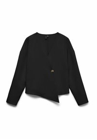 Juoda aptempiama palaidinė iš lygaus audinio. Turi ilgus rankovus, V formos iškirptę ir auksinį akcentinį mygtuką juosmens srityje. Paprastos, švarios linijos.