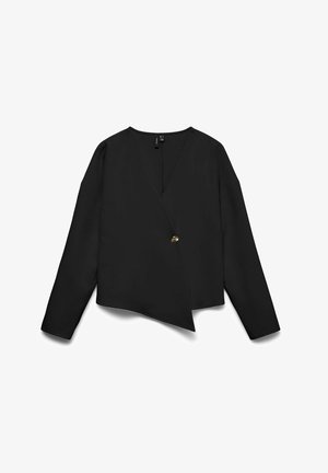 Mustast siledast kangast wrap-pluus. Omaduseks pikad varrukad, V-kaelus ja kuldse rõhuasetusega nupp taljel. Lihtsad, puhtad jooned.