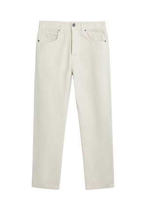Pantalones rectos de color beige claro, confeccionados en algodón con una textura suave, que cuentan con cinco bolsillos, cierre de botón y un sutil detalle de costura.