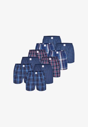 Boxershorts in verschillende tinten blauw en rood, met ruitpatronen. Gemaakt van zachte stof met elastische taillebanden en knoopsluitingen.