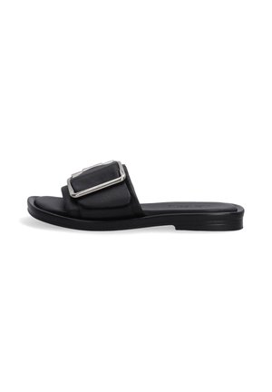Black slide sandal with a wide strap, featuring a metallic rectangular buckle. Smooth leather texture and a flat rubber sole.