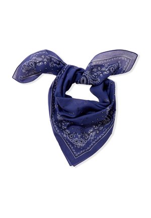 Bandana bleu foncé avec des motifs paisley blancs noué en un nœud, présenté à plat sur un fond blanc.