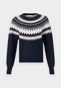 Marineblauer Pullover mit langen Ärmeln, der weiß, beige und hellblaue Zickzack- und Diamantmuster über der Brust und den Schultern aufweist.