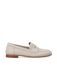 Beige Leder Slipper mit flachem Absatz, versehen mit einem dekorativen Riemen über dem Spann und Stickdetails entlang der Ränder.