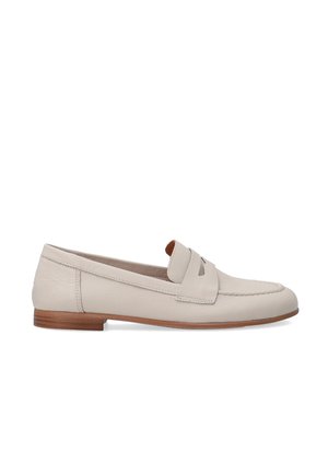 Beige Leder Slipper mit flachem Absatz, versehen mit einem dekorativen Riemen über dem Spann und Stickdetails entlang der Ränder.