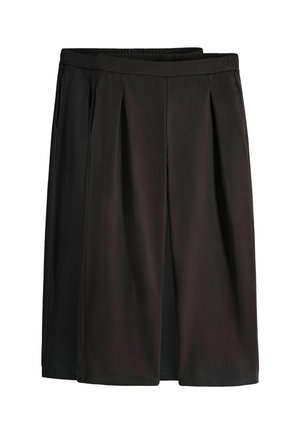 Černé kalhoty culottes s skladbami, elastickým pasem a bočními kapsami. Měkká tkanina s hladkou strukturou, navržena pro pohodlí a snadný pohyb.
