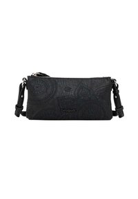 Borsa a tracolla in materiale sintetico nero con motivi circolari in rilievo, zip argentata e tracolla regolabile. Logo visibile sul fronte.