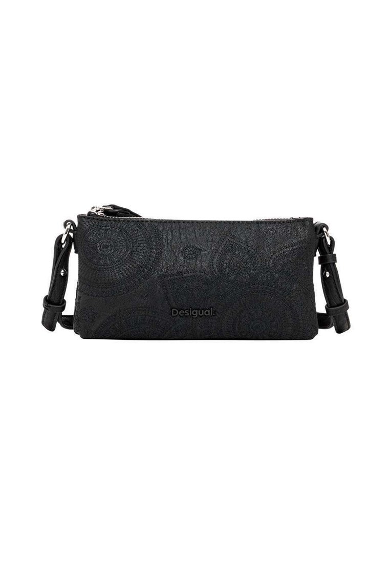 Borsa a tracolla in materiale sintetico nero con motivi circolari in rilievo, zip argentata e tracolla regolabile. Logo visibile sul fronte.