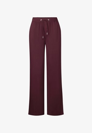 Burgundy wide-leg pants made from soft fabric with an elastic waistband, featuring a drawstring and silver metal accents.