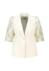 Korte blazer van een crèmekleurige stof met korte, gestructureerde mouwen die een groen-gouden bloemenpatroon hebben. Met gepunte revers en voorzakken.