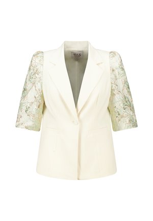 Korte blazer van een crèmekleurige stof met korte, gestructureerde mouwen die een groen-gouden bloemenpatroon hebben. Met gepunte revers en voorzakken.