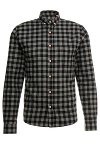 Camicia a quadri nera e grigia con maniche lunghe, dotata di bottoni in legno e colletto a punta. Tessuto morbido con un motivo a scacchi.