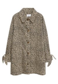 Cappotto con stampa leopardata, colletto, chiusura a bottoni, due tasche frontali e dettagli con lacci sulle maniche. Realizzato in tessuto morbido.