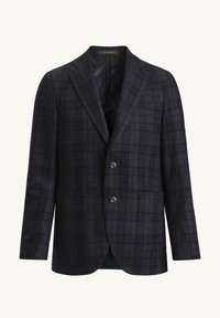 Mörk rutigt blazer i ull med slagkrage, två framskbuttons och två sidfickor; stilren, skräddarsydd design.