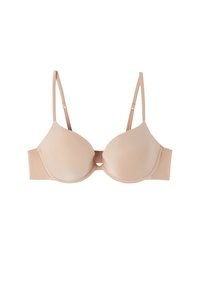Beige padded bra with thin adjustable straps, smooth texture, underwire support, and a front closure detail. Cup shape is rounded and seamless.