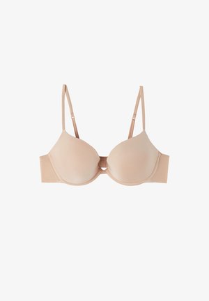 Soutien-gorge rembourré beige avec des bretelles fines et ajustables, texture lisse, soutien armature et détail de fermeture à l'avant. La forme des bonnets est arrondie et sans coutures.