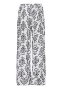 Pantalon blanc à jambes larges avec motifs floraux et cachemire noirs complexes, doté d'une ceinture élastique pour un ajustement décontracté.