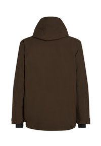Bruine waterdichte jas met capuchon, met een rechte snit, lange mouwen en contrasterende zwarte manchetten. Glad materiaal met minimale stiksels.