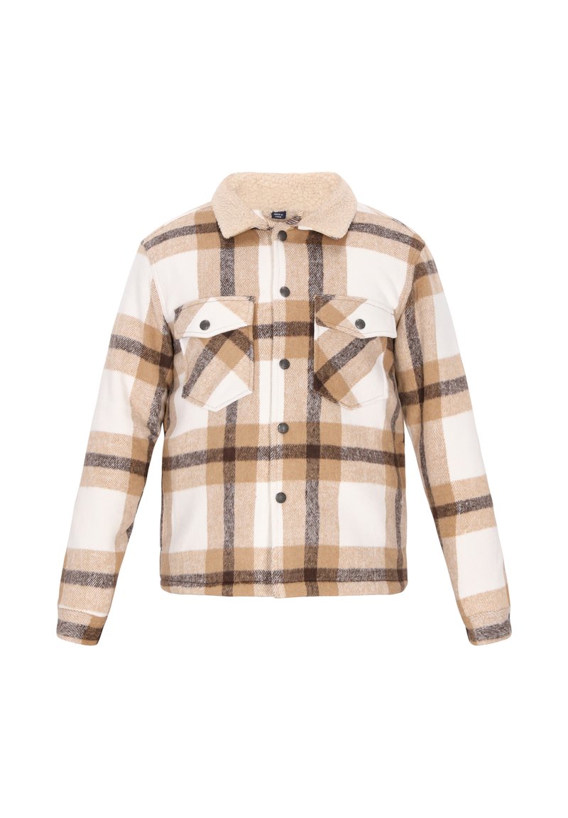 Kockás flanel kabát krém, barna és bézs színekben, sherpa gallérral, két mellzsebbel és gombos záródással. Puha tapintású, középhosszú fazon.