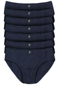 Marineblaue Baumwollslips übereinander gestapelt, mit einem elastischen Bund mit "JP"-Logo, glatter Textur und klassischem Slip-Design.