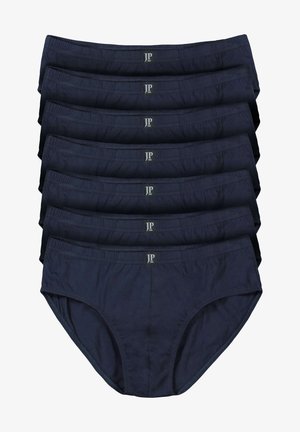 Tmavě modré bavlněné slipy naskládané na sobě, s elastickým pasem s logem "JP", hladkým povrchem a klasickým designem slipů.