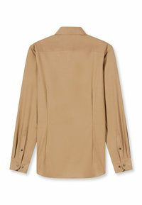 Beiges Langarmhemd mit klassischem Kragen, geradem Rückenpasse, geknöpften Manschetten und einem glatten, strukturierten Stoff.