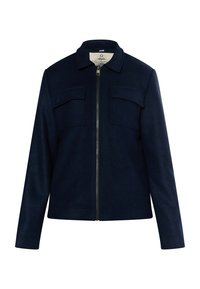 Marineblaues Wollmischjackett mit Reißverschluss, zwei Brusttaschen, Kragen und geradem Saum. Glatte Textur mit minimalen Details.