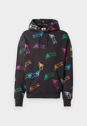 Sweat à capuche noir avec des designs d'animaux en cartoon colorés et contourés en bleu, rose, vert, orange et jaune. Comprend une poche avant et un cordon de serrage à la capuche.