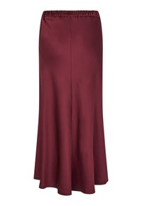 Burgundi satino midi sijonas su elastinga juosta, pūstomis sijono dalimis, glotnia tekstūra ir minimalistišku dizainu, tinkantis įvairioms progoms.