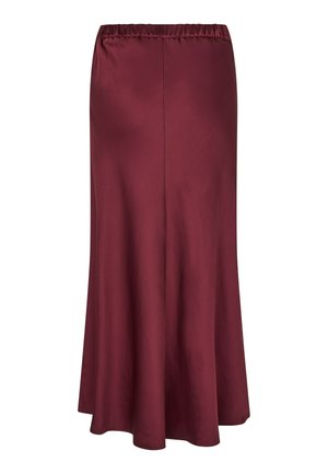 Bordowa satynowa spódnica midi z elastycznym pasem, rozkloszowanym dołem, gładką fakturą i minimalistycznym wzornictwem, odpowiednia na różne okazje.