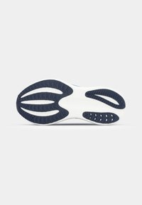 Shoe sole with a white base and navy rubber treads. Features a textured surface for grip and cushioning, with curved grooves and patterns.