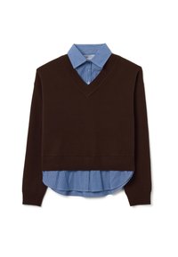 Maglione marrone lavorato a maglia con scollo a V, indossato sopra una camicia a righe blu con colletto. Caratterizzato da maniche lunghe e orlo corto.