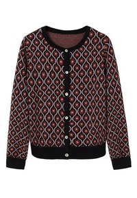Cárdigan de diseño rojo y negro con cuello redondo, cierre de botones, mangas largas y puños y dobladillo acanalados.