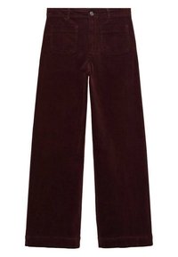 Pantalon large en velours côtelé marron foncé avec poches plaquées devant, fermeture à boutons et passants pour ceinture.