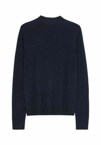 Maglione blu navy, tessuto lavorato a maglia, maniche lunghe, scollatura rotonda, polsini e fondo a coste, superficie liscia, colore solido senza motivi.