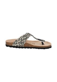 Leopard-muster Flip-Flop-Sandale mit einem Korkfußbett, einer strukturierten schwarzen Sohle und einem glänzenden metallischen Riemenakzent.