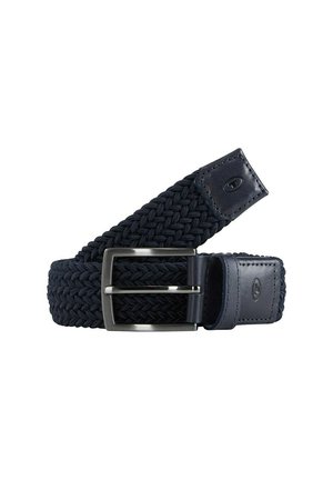 Ceinture tissée marine avec un tissu texturé, dotée d'une boucle en métal et d'accents en cuir pour le contraste. Design durable et flexible pour le confort.