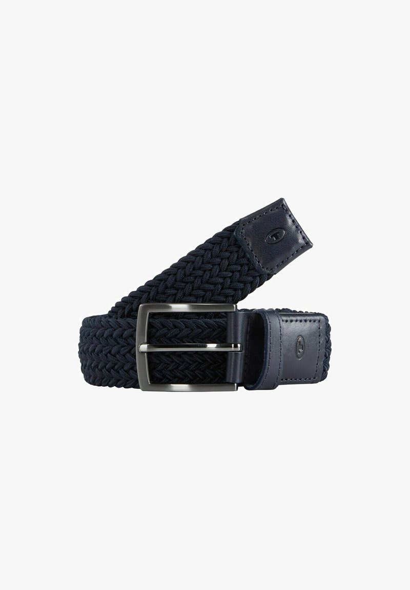 Curea împletită albastru marin din material texturat, cu un cataramă metalică și accente din piele pentru contrast. Design durabil și flexibil pentru confort.