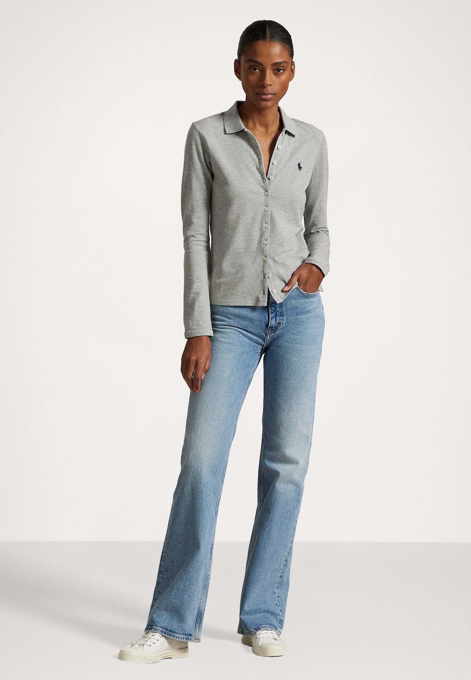 売れ筋商品|||ラルフローレン シャツ レディース トップス BUTTONED PLACKET LONG SLEEVE POLO SHIRT - Button-down blouse - andover heather Buttoned-Placket Long-Sleeve Polo Shirt for Women | Ralph