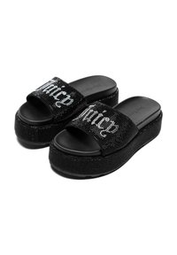Sandali con plateau neri a ciabatta caratterizzati da una fascia testurizzata decorata con scintillanti strass. Plantare imbottito completamente nero per il massimo comfort.