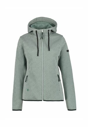 Haut zippé à capuche vert avec un motif, présentant un design en diamant, des accents noirs, deux poches latérales et des cordons de serrage réglables.