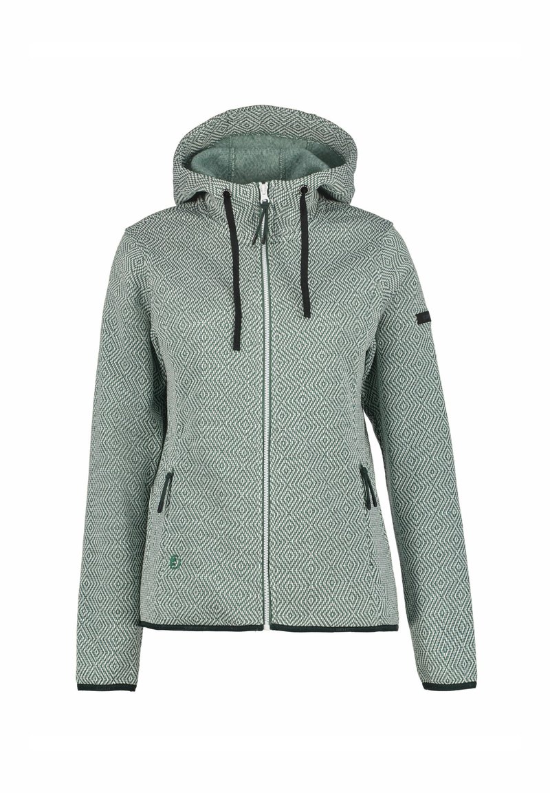 Felpa con zip in verde a motivo, con cappuccio, caratterizzata da un design a rombi, dettagli neri, due tasche laterali e cordini regolabili.