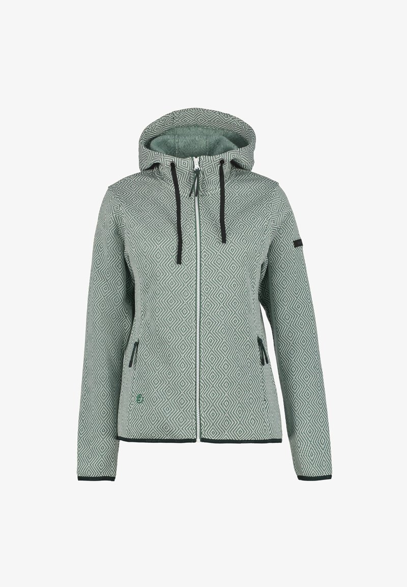 Sudadera con cremallera de color verde y patrón, con capucha, que presenta un diseño de diamantes, acentos en negro, dos bolsillos laterales y cordones ajustables.