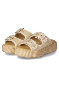 Beige woven slide sandals with two wide straps featuring silver buckles, textured platform base, and open-toe design.
