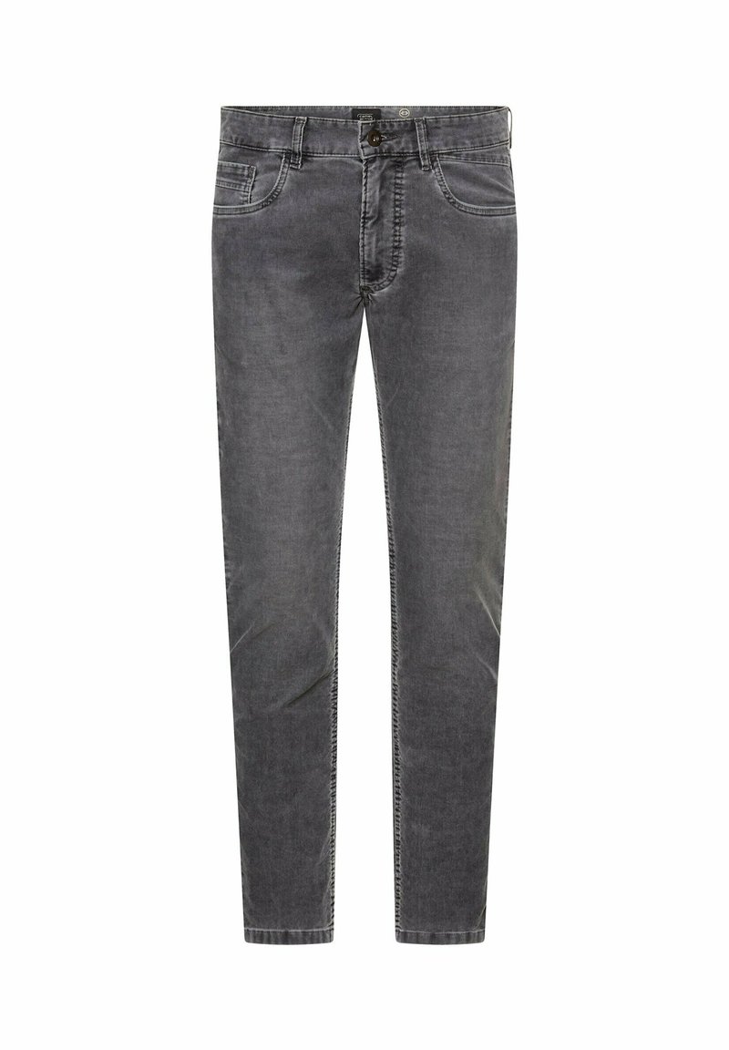 Grijze denim jeans met een slanke pasvorm, voorzien van een knoopsluiting, vijf zakken en subtiele stikdetails. Gladde textuur en rechte pijpen.