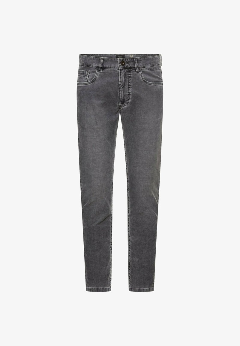 Grijze denim jeans met een slanke pasvorm, voorzien van een knoopsluiting, vijf zakken en subtiele stikdetails. Gladde textuur en rechte pijpen.