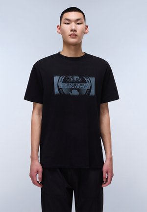 Black cotton t-shirt featuring a blue graphic print with a globe and "NAPAPIJRI" text. Short sleeves and a crew neckline.